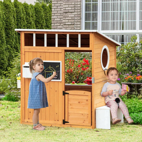 Rootz Playhouse For Children - Wooden Children's Playhouse With Window - Letterbox - Outdoor Garden Playhouse With Flower Pot Rack - Wooden Playhouse - Fir Wood - Yellow - 122 x 108 x 135.5 cm