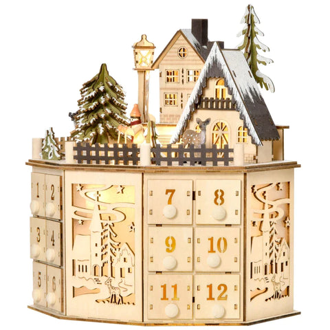 Rootz Christmas Advent Calendar - Christmas Calendar With LED Lights - With 24 Draw Boxes - Plywood Board - Natural Wood - 25 x 20 x 29 cm