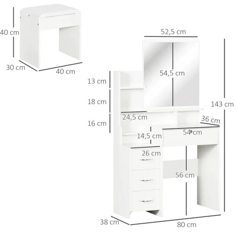 Rootz Dressing Table Set Including Stool - 4 Drawers - 1 Mirror - Chipboard - Tempered Glass - White