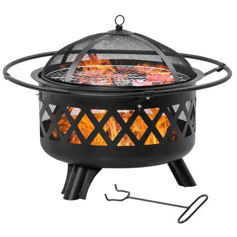 Rootz Fire Bowl - 2-in-1 Fire Basket With Spark Protection - Grill Net - Fire Pit For Heating BBQ Grill - Garden - Terrace - Round - Black - 82L x 82W x 65H cm