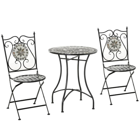 Rootz 3 Pcs Mosaic Tile Garden Bistro Set - garden seating group - Table - 2 Folding Chairs Set - Balcony - Grey