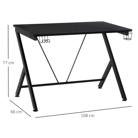 Rootz Gaming Desk - Computer Table - Metal Frame with Cup Holder - Headphone Hook - Cable Hole - Black - 108 cm x 66 cm x 77 cm
