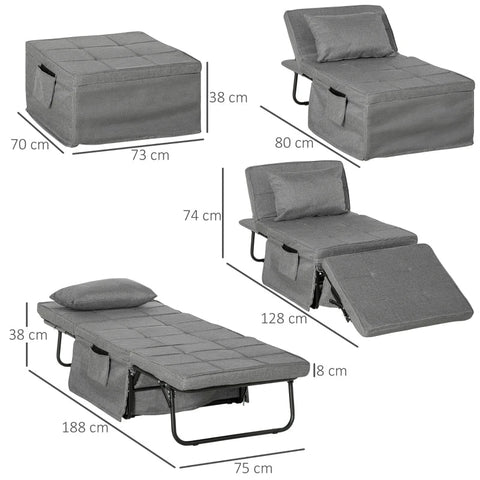 Rootz Folding Bed - 4-in-1 Armchair - Ottoman Lounger - Grey - 188 x 75 x 38 cm