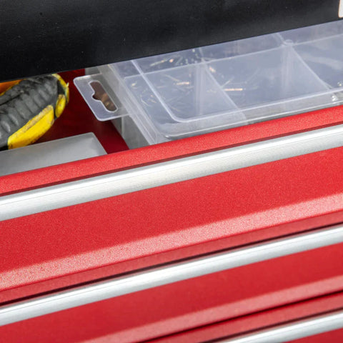 Rootz Tool Case - Tool Box - 4 Drawers - Lockable - Steel Housing - Black + Red - 51 x 22 x 39.5 cm