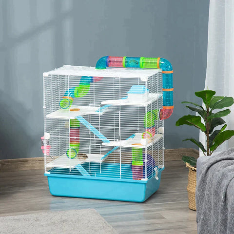 Rootz Small Animal Cage - Small Animal Hutch - Mouse Cage - With Ramp And Running Wheel - Pets Cage - Steel Wire/Plastic/PS - Light Blue/White - 59 x 36 x 69 cm