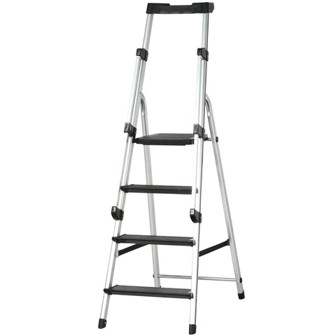 Rootz Aluminum Ladder - Work Ladder - Foldable Work Ladder - Non-slip - Rust-proof With Tool Tray - Aluminum - Silver - 45.5 x 82 x 145cm
