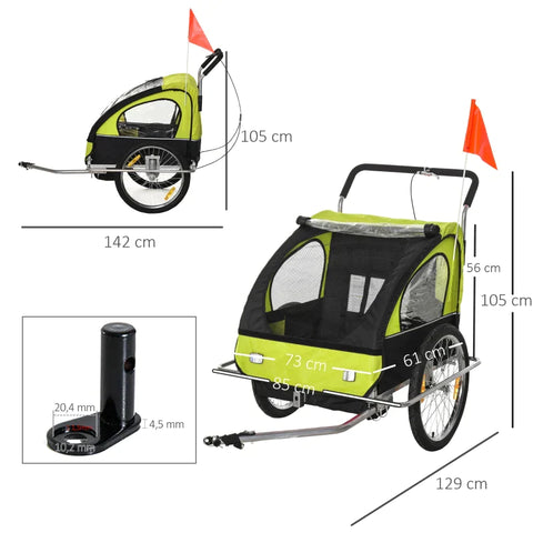 Rootz Child Bike Trailer - Children's Bicycle Trailer - For 2 Children - With Flag Rain Protection Breathable - Green/Black - 142 X 85 X 105 Cm