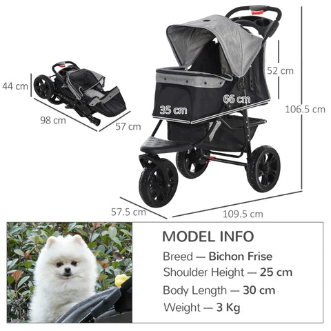 Rootz Dog Buggy - Cat Buggy - Dog Cart - Pet Stroller with 3 Wheels - Foldable - Adjustable Canopy - Oxford - Gray/Black - 109.5 x 57.5 x 106.5 cm