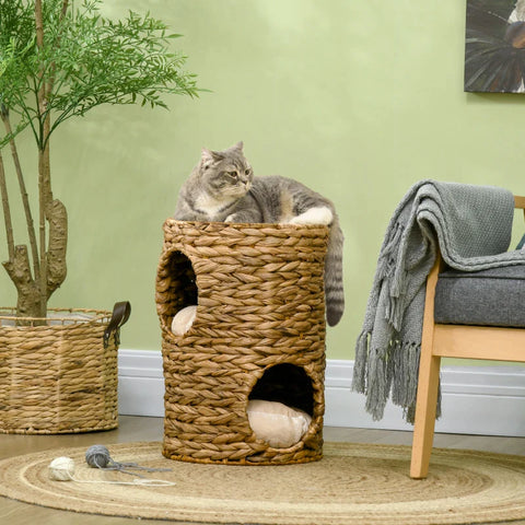 Rootz Cat Tower - Scratching Posts - Cat Cave With 2 Separate Caves - 1 Lying Surface - Water Hyacinth - Natural - 32L x 32W x 47H cm