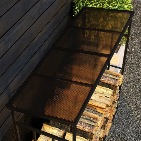 Rootz Firewood Rack - Polycarbonate Roof - Metal Frame - Outdoor Use - Black+Brown - 185x67x185cm