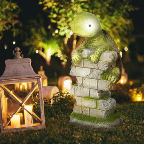 Rootz Little Turtle - Garden Ornament - Garden Decoration - Weather Resistant With Solar Light - Magnesium Oxide - Green + Brown - 17.5L x 18.5W x 36.5H cm