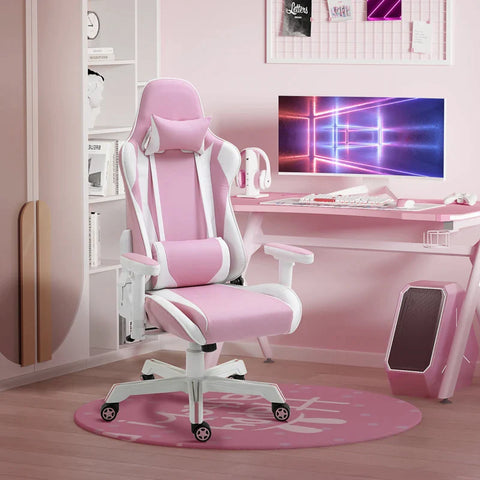 Rootz Gaming Chair - Ergonomic Gaming Chair - PC Gaming Chair - Comfortable Gaming Chair - Premium Gaming Chair - Office Chair - With Headrest Lumbar Cushion - Height Adjustable - Pink+White - 71 x 73 x 128-138 cm