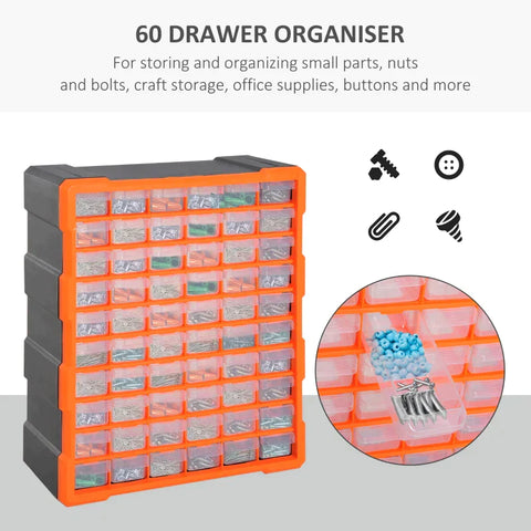 Rootz Storage Cabinet - Parts Organizer - Wall Mount - 60 Drawers - Orange - L38 x W16 x H47.5 cm