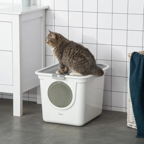 Rootz Cat Litter Box - Maximum Load 5kg - Room Ventilated - 2-way Litter Box - Litter Scoop - White + Gray - 44L x 55W x 39Hcm.