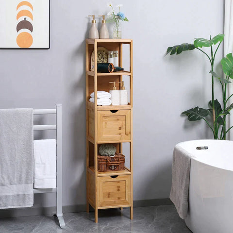 Rootz Bathroom Cabinet - Bamboo Bathroom Cabinet - Bathroom Shelf - 3 Shelves 2 Drawers - Bamboo - Natural - 30cm x 30cm x 140cm