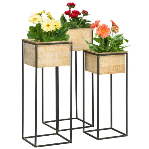 Rootz Set of 3 Plant Stands - 3 Sizes - Metal Frame - Rustic Wood Look - Square Flower Boxes - Fir Wood - Natural Wood - 30cm x 30cm x 81cm