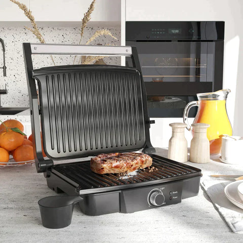 Rootz 3-1 Function Contact Grill - Electric Grill For 4 Slices - Indoor Grill - Non-stick Coated Table Grill With Adjustable Thermostat - Aluminum - Steel - Silver + Black - 35.1 x 32.6 x 15.5 cm
