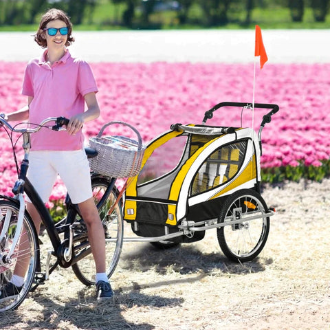Rootz Child Trailer - Children's Bicycle Trailer - Bicycle Trailer - For 2 Children - With Flag Rain Protection Breathable - Yellow/Black - 155 x 88 x 108 cm