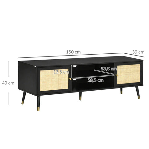 Rootz Tv Bench - Boho Design - Tv Cabinet - Rattan Elements - Solid Wood Legs - 1 Shelf 2 Cabinets - Black + Natural - 150L x 39W x 49H cm