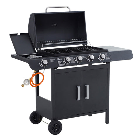 Rootz Gas Grill - Bbq Trolley With 3 Burners - 1 Side Burner - Pressure Reducer - Hoses Cabinet - Multifunction - Metal - Black - 125 x 51 x 100 cm