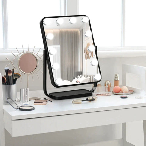 Rootz Makeup Mirror - Hollywood Makeup Mirror - With 12 LED Lights - Metal - Black - 32.8L x 11W x 47.4H cm