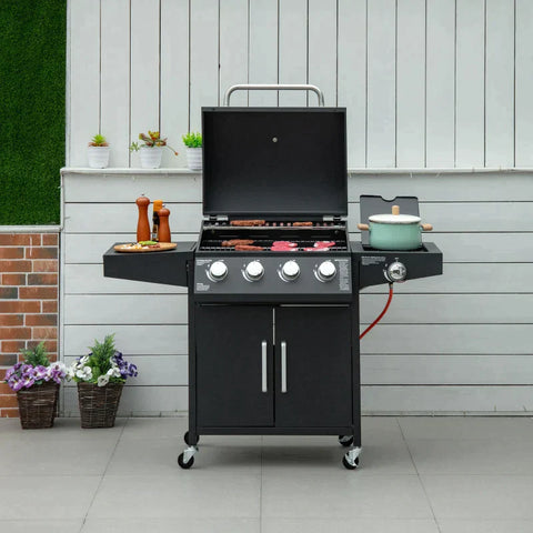 Rootz Gas Grill - BBQ With 3 Burners - Mobile Grill Trolley With 4 Wheels - Grill Net - Side Tables - Pressure Reducer - Hoses Cabinet - Multifunction - Steel - Black - 132.4 cm x 55 cm x 109 cm