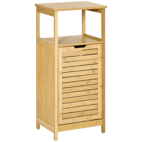 Rootz Bathroom Cabinet - Tall Cabinet - Bathroom Floor Cabinet - 2-in-1 Laundry Basket - 1 Shelf - Non-woven Basket - Natural Bamboo - 40cm x 30cm x 86.5cm