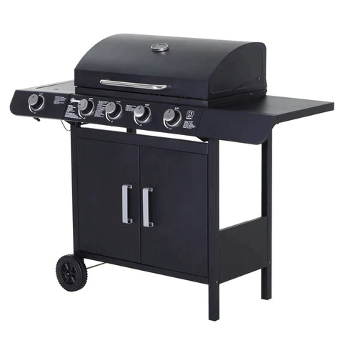 Rootz Gas Grill - Bbq Trolley With 3 Burners - 1 Side Burner - Pressure Reducer - Hoses Cabinet - Multifunction - Metal - Black - 125 x 51 x 100 cm