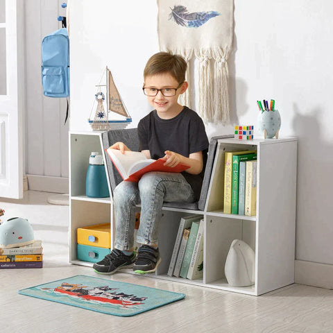 Rootz Children's Shelf - 2-In-1 Children's Shelf - Shelf With Bench - Upholstery - Mdf/Melamine/Foam/Polyester - White/Grey - 103 cm × 30 cm × 60 cm