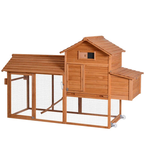 Rootz Chicken Coop - Mobile Chicken House With Wheels - Nesting Box - Chicken Aviary - Rabbit Hutch - Small Animal Coop - Poultry Coop With Pole - Fir Wood - Metal Wire - Orange - 213 x 91 x 122 cm