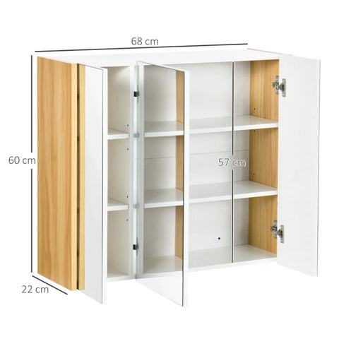 Rootz Mirror Cabinet - With 3 Shelves  - Bathroom Cabinet with Mirror - Bathroom Cabinet - MDF - Glass - White - 68cm x 22cm x 60cm