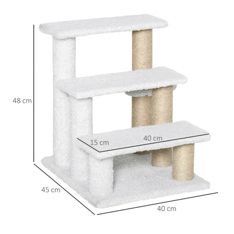 Rootz Pet Stairs - Scratching Post - Stairs - Cat Stairs - Dog Stairs - Animal Stairs - Chipboard/Jute/Plush - White - 45 x 40 x 48 cm