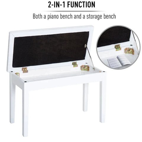 Rootz Piano Stool - Piano Bench Stool - Traditional Piano Bench - Storage Bench - Faux Leather - White - 76 x 36 x 50cm