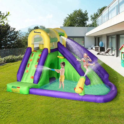 Rootz Inflatable Bouncy Castle - Inflatable Castle - With Fan Bouncy Castle - With Water Park - Climbing Wall Trampoline - For Children From 3 To 8 Years - Green/Purple/Yellow - 395 x 355 x 235 cm