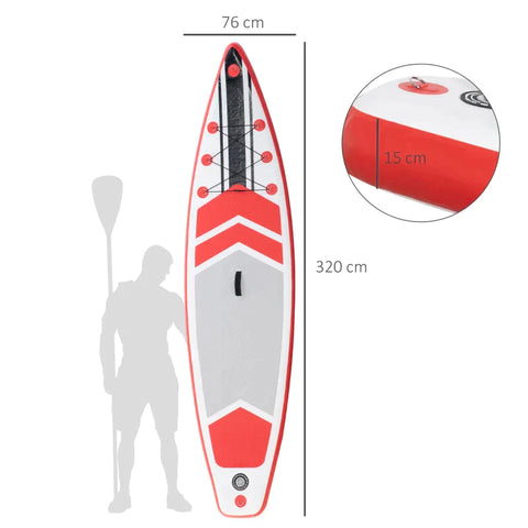 Rootz Surfboard - Inflatable Surfboard - Stand Up Board With Paddle - Foldable - EVA - Non-slip - White + Red - 320L x 76W x 15H cm