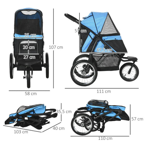 Rootz Folding Dog Stroller - Sun Shade - Mesh Window - Storage Basket - Small Dogs - Dog Pushchair - Blue - 111 x 58 x 107 cm