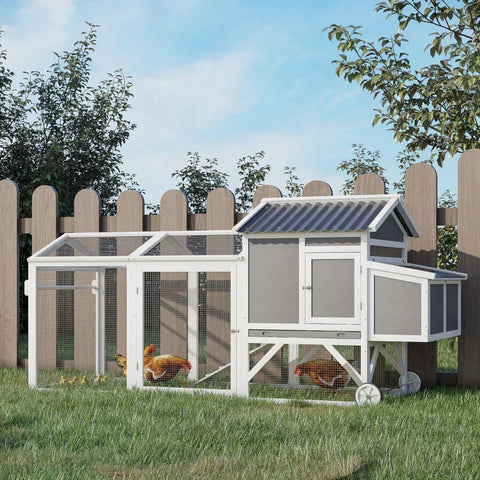 Rootz Chicken Coop - Chicken House with Nesting Box - Chicken Aviary with Wheels and Handle - Enclosure Poultry Coop - Fir Wood - PVC - Grey + White - 247 x 90 x 114 cm