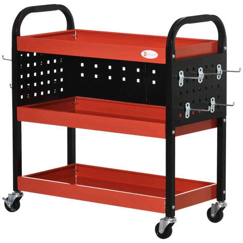 Rootz Tool Trolley - Workshop Trolley - 3 Shelves - 2 Perforated Panels - Up To 100 Kg - Steel - Red - 75 x 35 x 80cm