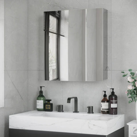 Rootz Mirror Cabinet - Bathroom Cabinet - 2 Mirror Doors - 3 Interior Shelves - Stainless Steel - Silver - 54 x 13 x 60 cm