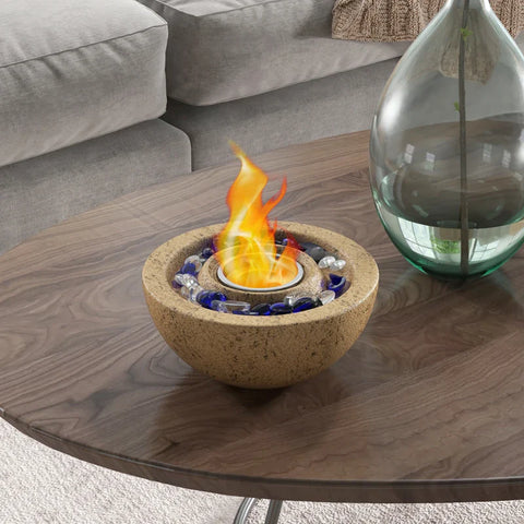 Rootz Ethanol Fireplace - Table Fireplace - Fire Glass - Concrete Bowl - 1.5-2 H Burning Time - 0.4 L Capacity - Up To 10 M² - Effective Area - Stainless Steel - Yellow -  Ø23 x 11H cm