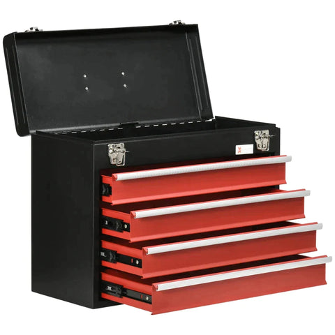 Rootz Tool Case - Tool Box - 4 Drawers - Lockable - Steel Housing - Black + Red - 51 x 22 x 39.5 cm