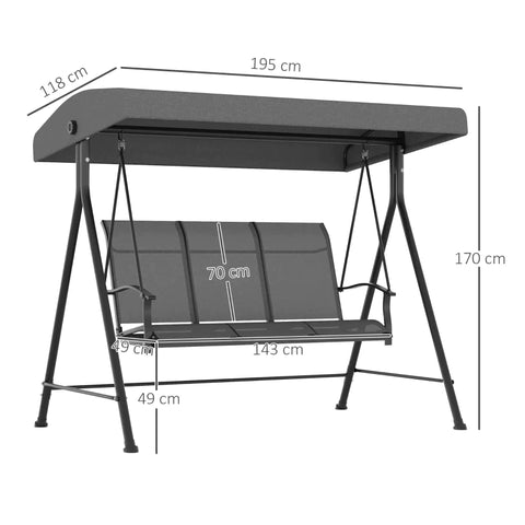 Rootz Hollywood Swing - Porch Swing For 3 People - Adjustable Sun Canopy - Up To 240 Kg - Dark Gray - 195 x 118 x 170 cm