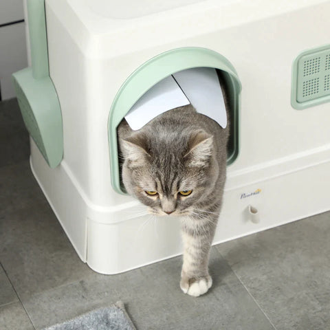 Rootz Cat Litter Box with Cover - 1 Litter Scoop - Removable Base Tray - Mint Green + White - 50cm x 40cm x 40cm