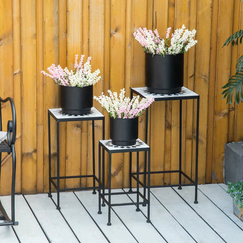 Rootz Set of 3 Metal Flower Stands - Plant Stands - Ceramic Tiles - Black + Grey - 23.5L x 23.5W x 40.3H cm