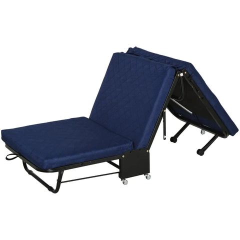 Rootz Folding Guest Bed - 2-in-1 Folding Bed With Castors - Adjustable Headboard Height - Steel + Foam - Blue - 184 x 65 x 26 cm