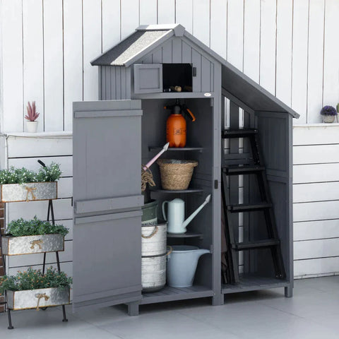Rootz Tool Shed With Firewood Compartment - Storage Cabinet - Fir Wood - Grey + Black - 129L x 51.5W x 180H cm