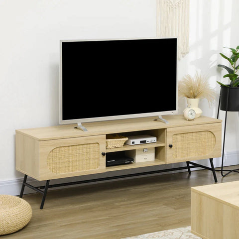 Rootz TV Bench - For TVs Up To 60'' - Two Cabinet Compartments - Two Shelves - Rattan Decor - MDF - Natural - 150 x 39 x 48.3 cm