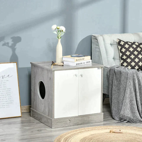 Rootz Cat Cabinet for Litter Box - Litter Box - Side Table - Cat House with Door -  Bedside Table - Grey Oak + White - 60 x 55 x 62.5 cm