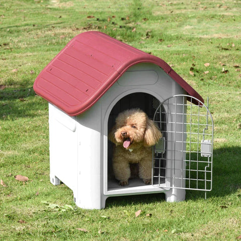 Rootz Dog House - Outdoor Dog House with Roof - Hatch Gate - Shelter for Small Dogs - Pen Air Circulation - Waterproof - Red/Light Grey - 59 x 75 x 66 cm