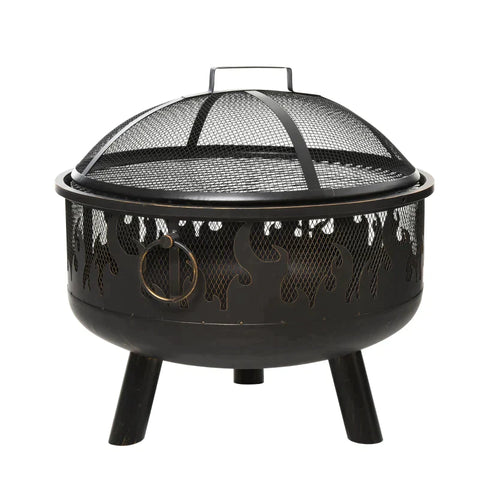 Rootz 2-in-1 Fire Pit - Fire Pit with Spark Guard -  Fire Pit with Grill Cooking - Grill Grate - Garden - BBQ - Black - Ø61.5 x 52H cm